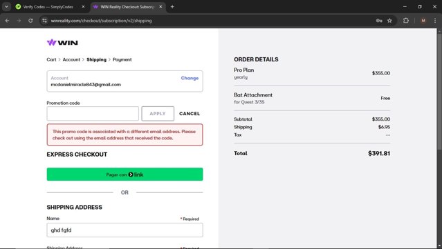 WIN Reality checkout page showing WIN Reality promo code box | Screenshot taken by SimplyCodes community member on Feb 28, 2025