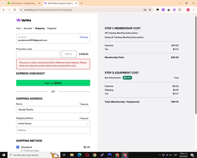 WIN Reality checkout page showing WIN Reality promo code box | Screenshot taken by SimplyCodes community member on Apr 28, 2025