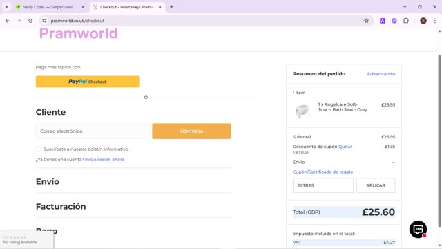 Winstanleys Pramworld checkout page showing Winstanleys Pramworld promo code box | Screenshot taken by SimplyCodes community member on Jul 27, 2025