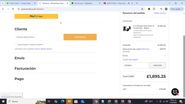 Winstanleys Pramworld checkout page showing Winstanleys Pramworld promo code box | Screenshot taken by SimplyCodes community member on Aug 11, 2025