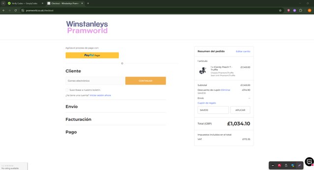 Winstanleys Pramworld checkout page showing Winstanleys Pramworld promo code box | Screenshot taken by SimplyCodes community member on Jul 27, 2025