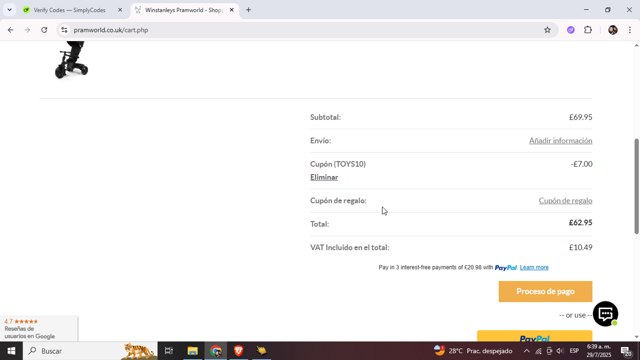 Winstanleys Pramworld checkout page showing Winstanleys Pramworld promo code box | Screenshot taken by SimplyCodes community member on Jul 29, 2025