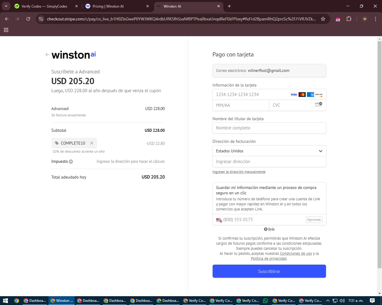 Winston AI promo code screenshot showing code complete10 applied at Winston AI checkout page. Uploaded by SimplyCodes community member DealMaestro2101 on Feb 13, 2025