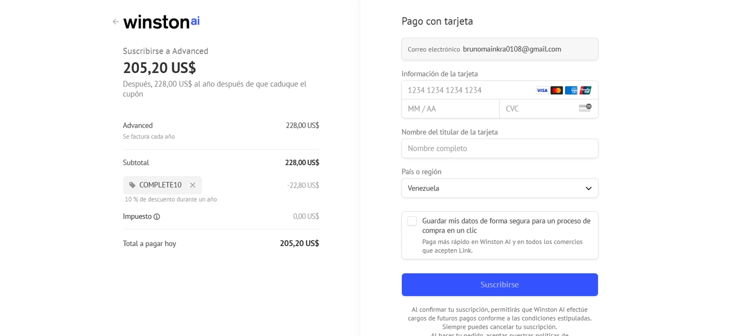 Winston AI promo code screenshot showing code complete10 applied at Winston AI checkout page. Uploaded by SimplyCodes community member NobleCurator8685 on Mar 25, 2025