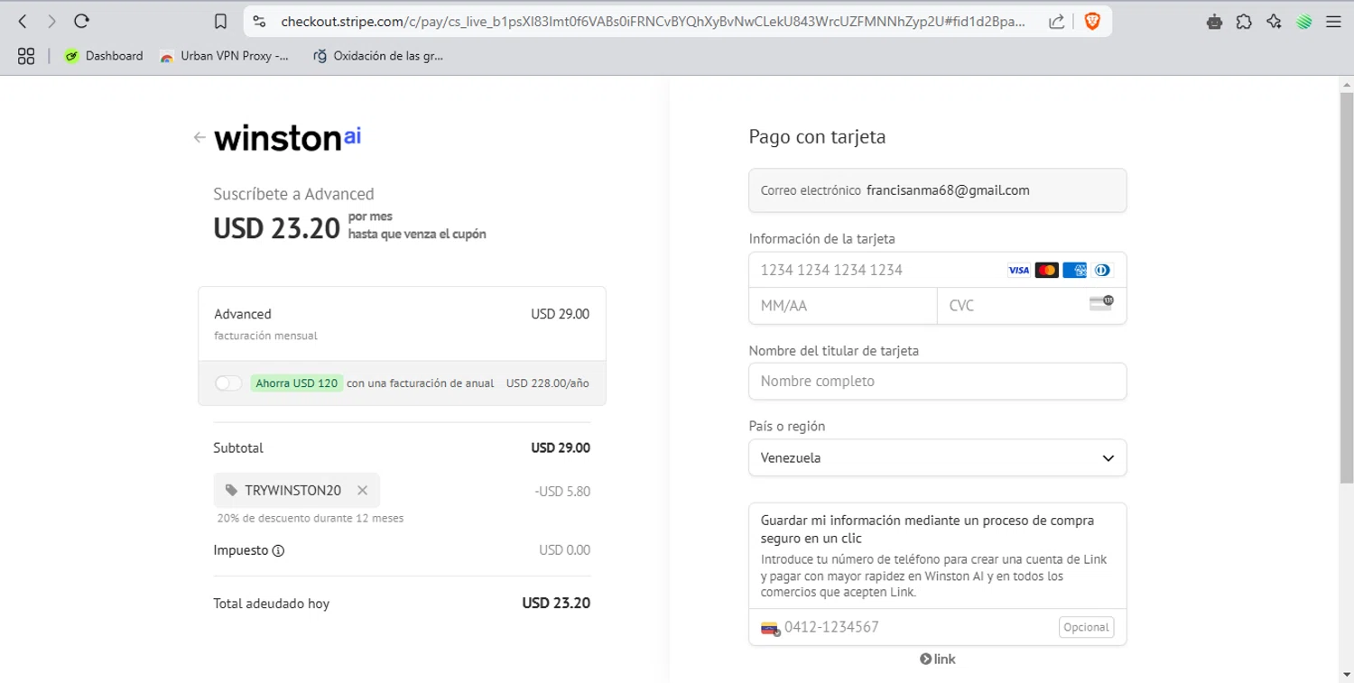 Winston AI promo code screenshot showing code trywinston20 applied at Winston AI checkout page. Uploaded by SimplyCodes community member pitamalkovich on Feb 13, 2025