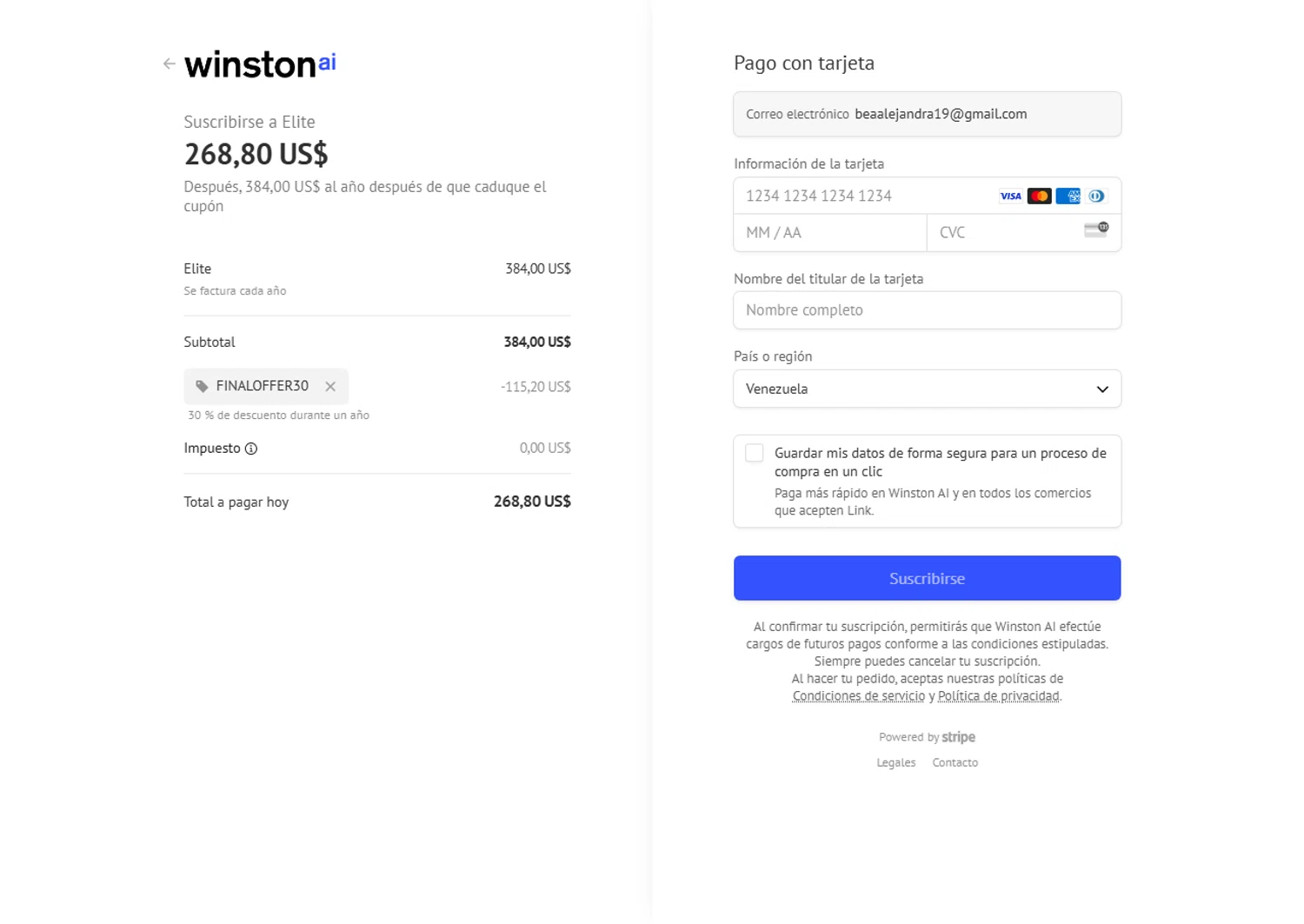 Winston AI promo code screenshot showing code finaloffer30 applied at Winston AI checkout page. Uploaded by SimplyCodes community member BeaMartinez on Apr 22, 2025