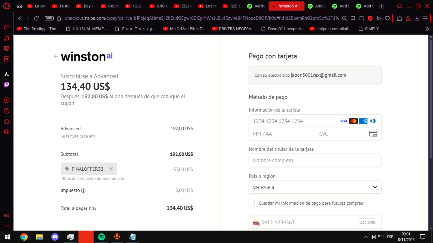 Winston AI promo code screenshot showing code finaloffer30 applied at Winston AI checkout page. Uploaded by SimplyCodes community member Anteserachido on Nov 8, 2025