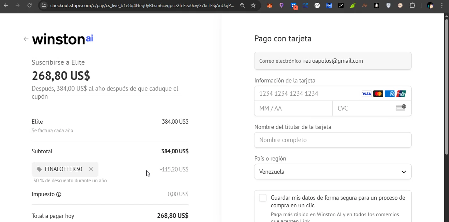 Winston AI promo code screenshot showing code finaloffer30 applied at Winston AI checkout page. Uploaded by SimplyCodes community member PrimeShopper6600 on Apr 14, 2025