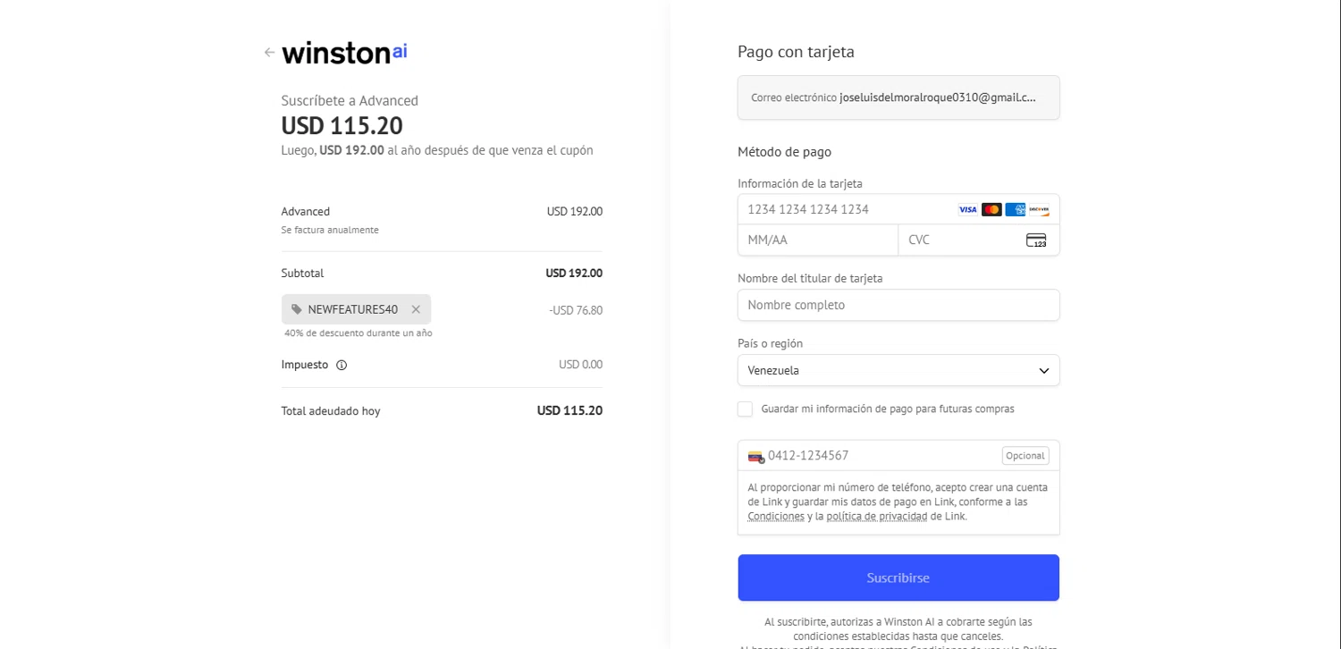Winston AI promo code screenshot showing code newfeatures40 applied at Winston AI checkout page. Uploaded by SimplyCodes community member BrillianteMaestro892 on Dec 16, 2025