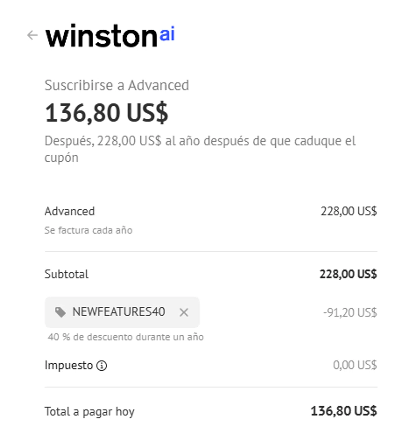Winston AI promo code screenshot showing code newfeatures40 applied at Winston AI checkout page. Uploaded by SimplyCodes community member MagnificentCollector7829 on Apr 23, 2025
