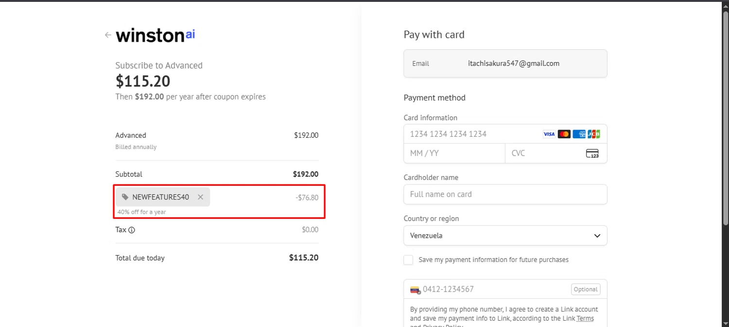 Winston AI promo code screenshot showing code newfeatures40 applied at Winston AI checkout page. Uploaded by SimplyCodes community member noworries on Oct 28, 2025