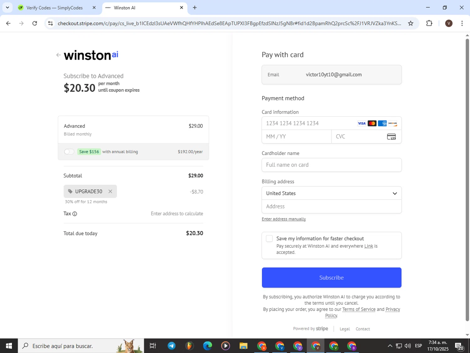 Winston AI promo code screenshot showing code UPGRADE30 applied at Winston AI checkout page. Uploaded by SimplyCodes community member CashLion3448 on Oct 17, 2025