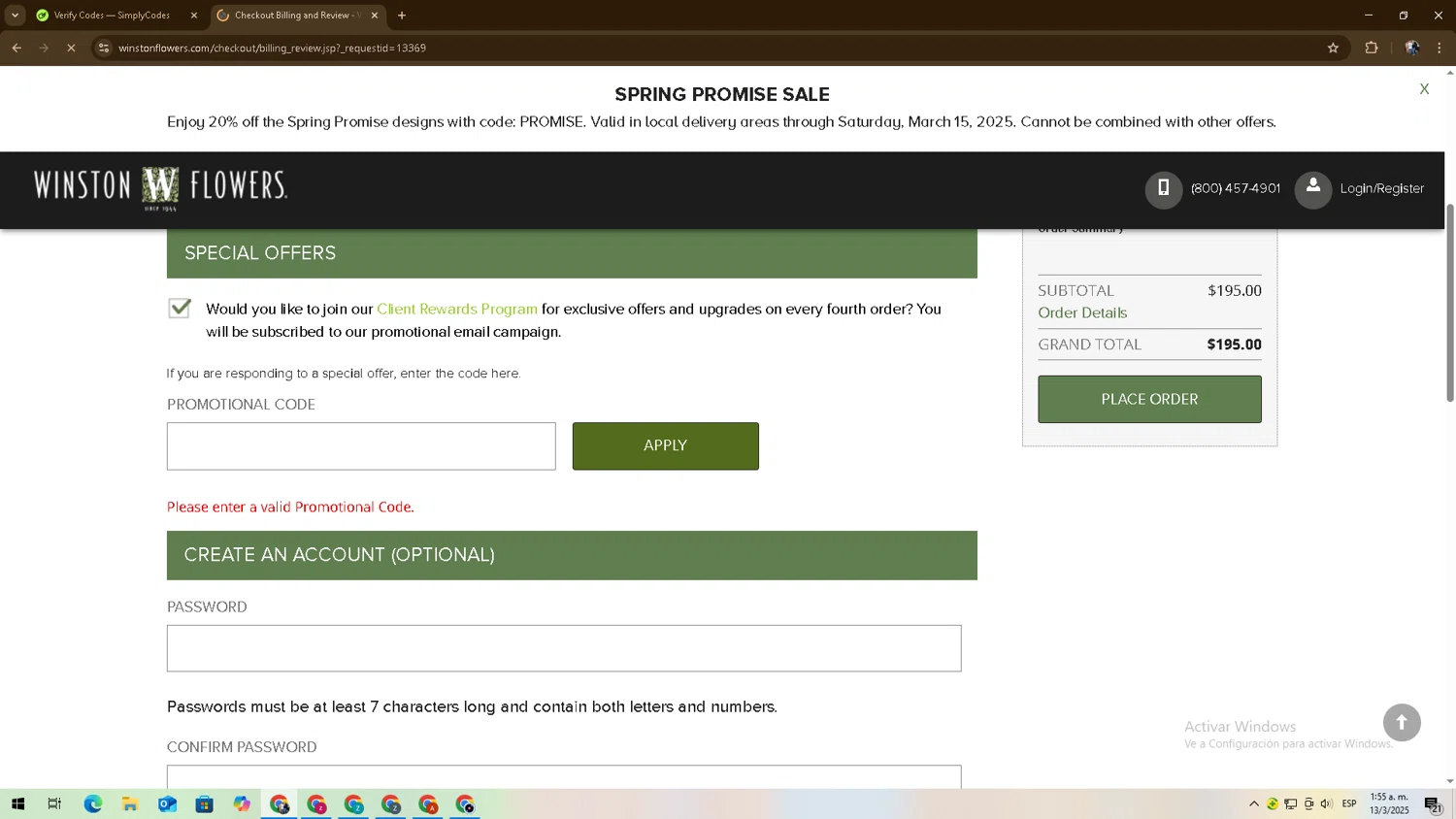 Winston Flowers promo code screenshot showing code FRESH20 applied at Winston Flowers checkout page. Uploaded by SimplyCodes community member zadquiel on Mar 13, 2025