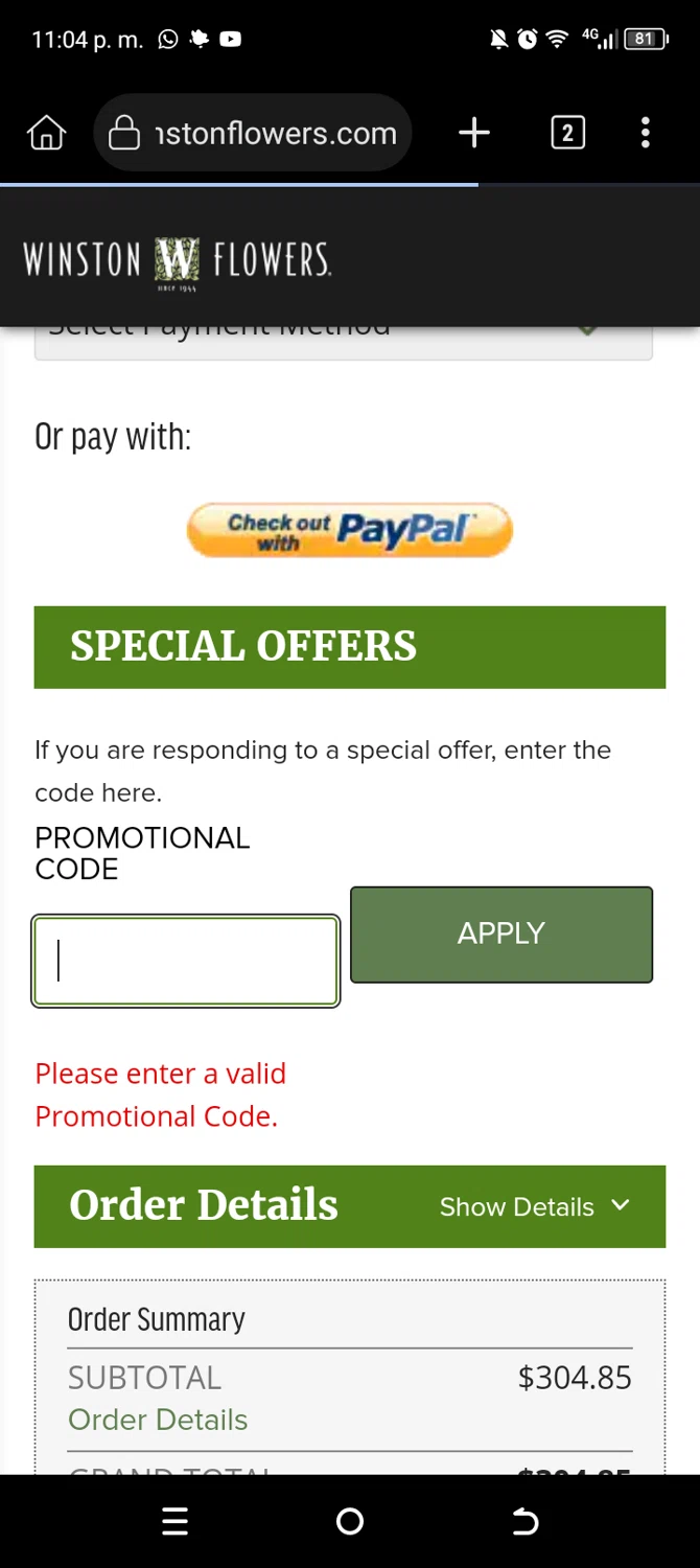Winston Flowers promo code screenshot showing code WARMUP applied at Winston Flowers checkout page. Uploaded by SimplyCodes community member Usuario_simply on Mar 5, 2025