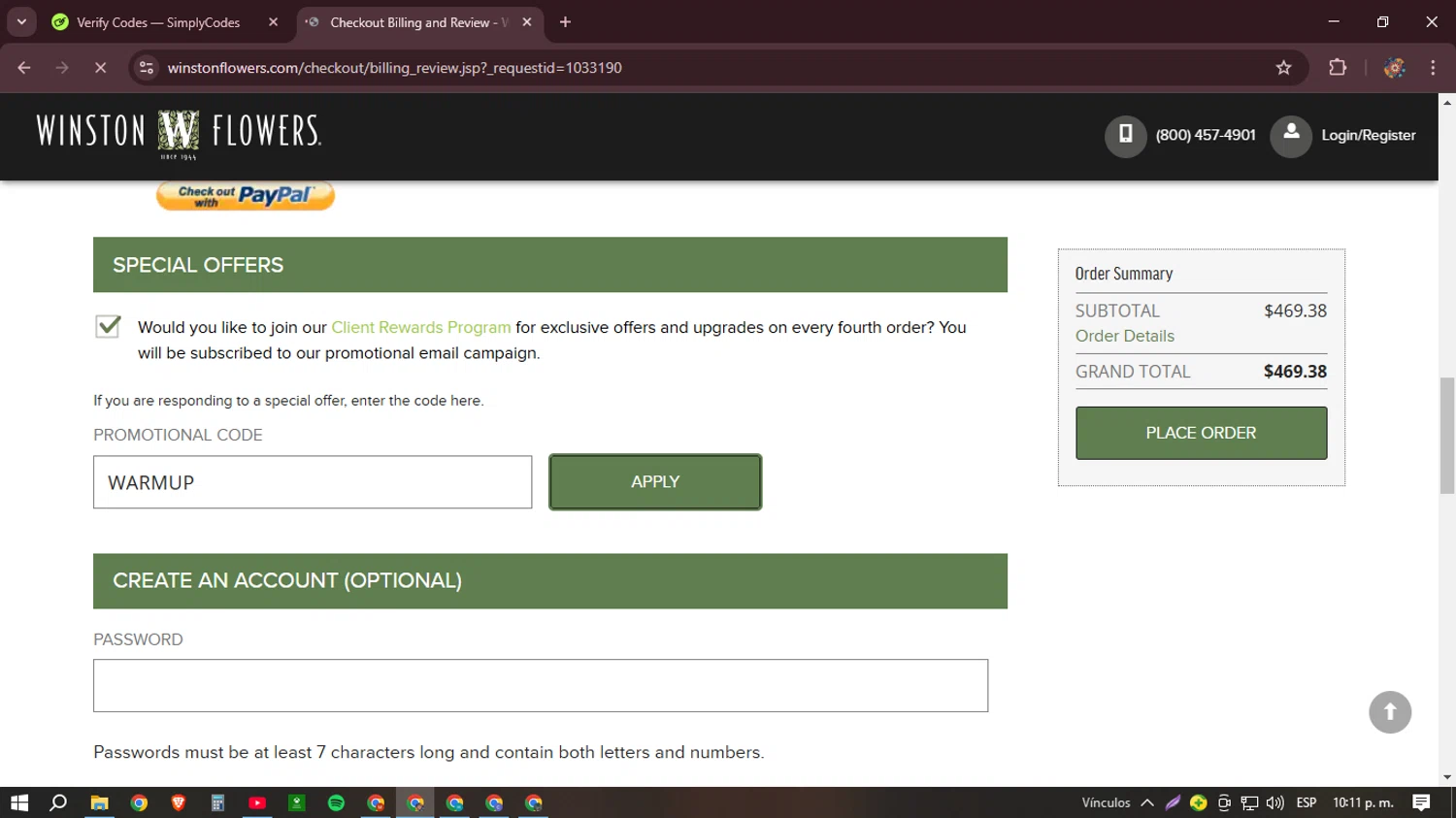 Winston Flowers promo code screenshot showing code WARMUP applied at Winston Flowers checkout page. Uploaded by SimplyCodes community member BudgetHunter9184 on Mar 5, 2025
