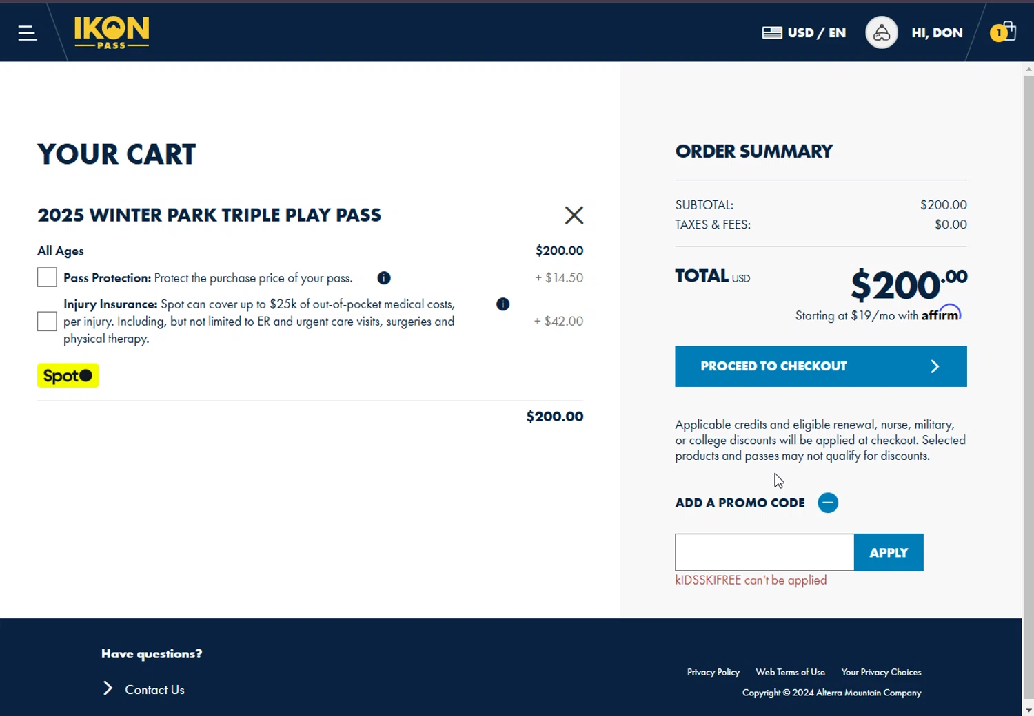 Winter Park Resort promo code screenshot showing code KIDSSKIFREE applied at Winter Park Resort checkout page. Uploaded by SimplyCodes community member DonGato on Jan 2, 2025