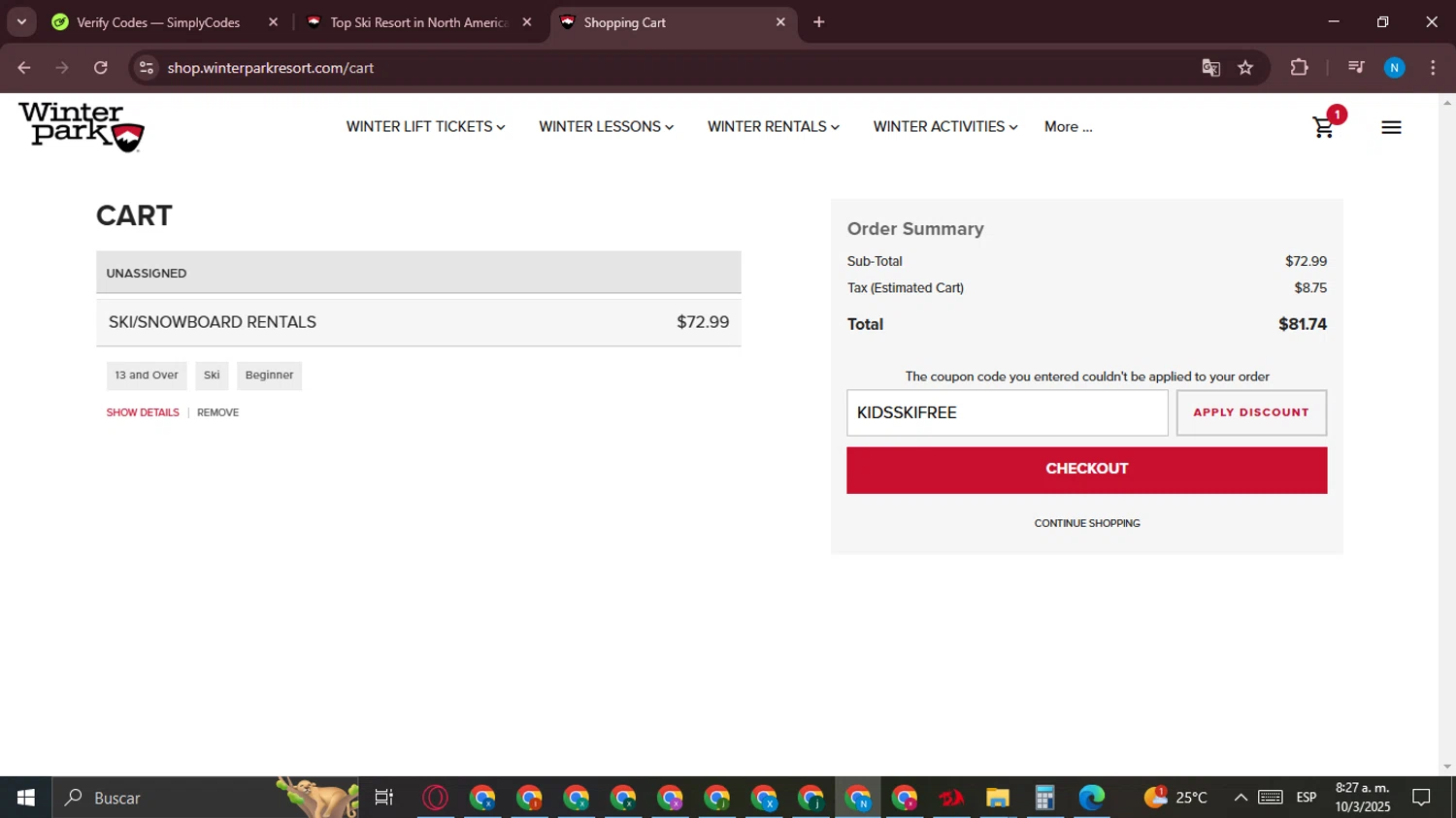 Winter Park Resort promo code screenshot showing code KIDSSKIFREE applied at Winter Park Resort checkout page. Uploaded by SimplyCodes community member CashCollector6189 on Mar 10, 2025