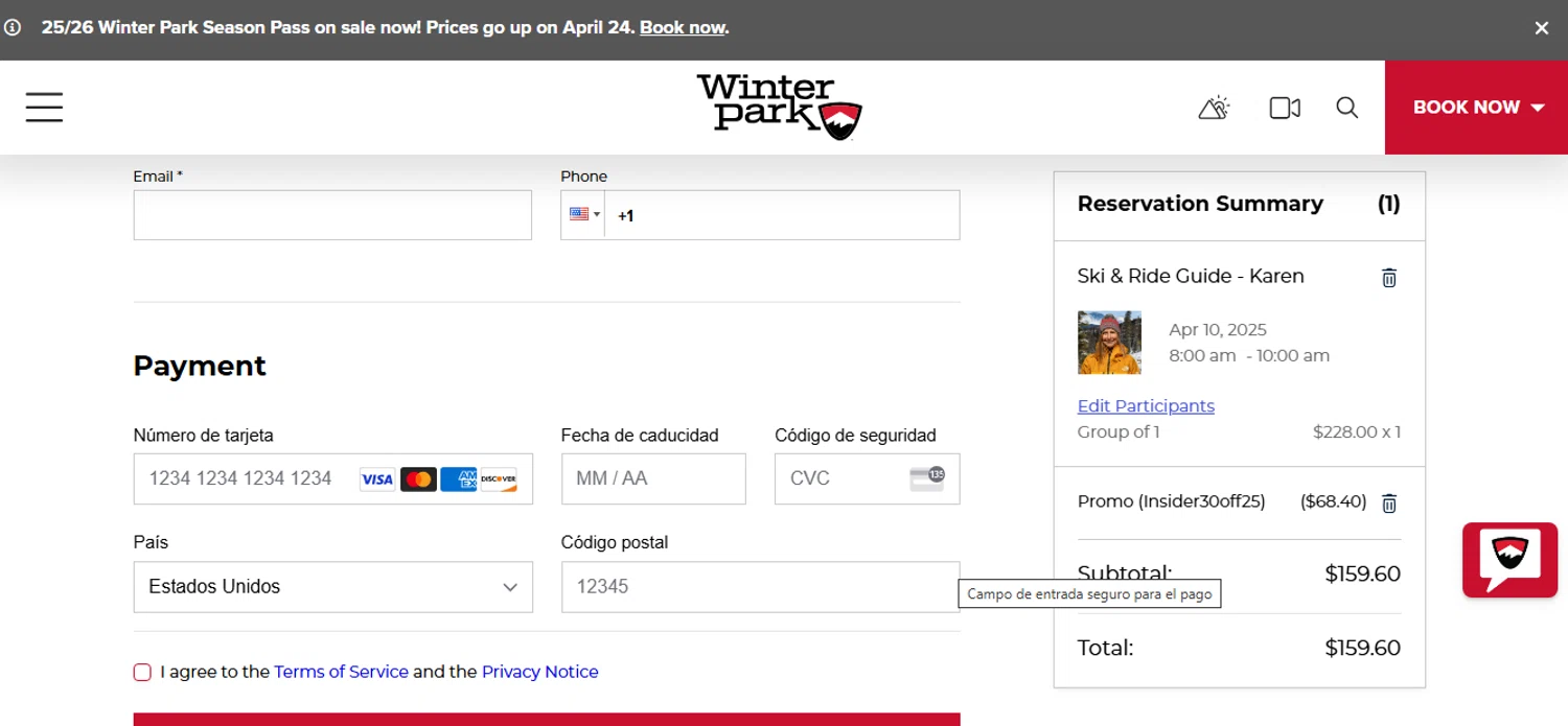 Winter Park Resort checkout page showing Winter Park Resort promo code box | Screenshot taken by SimplyCodes community member on Apr 10, 2025
