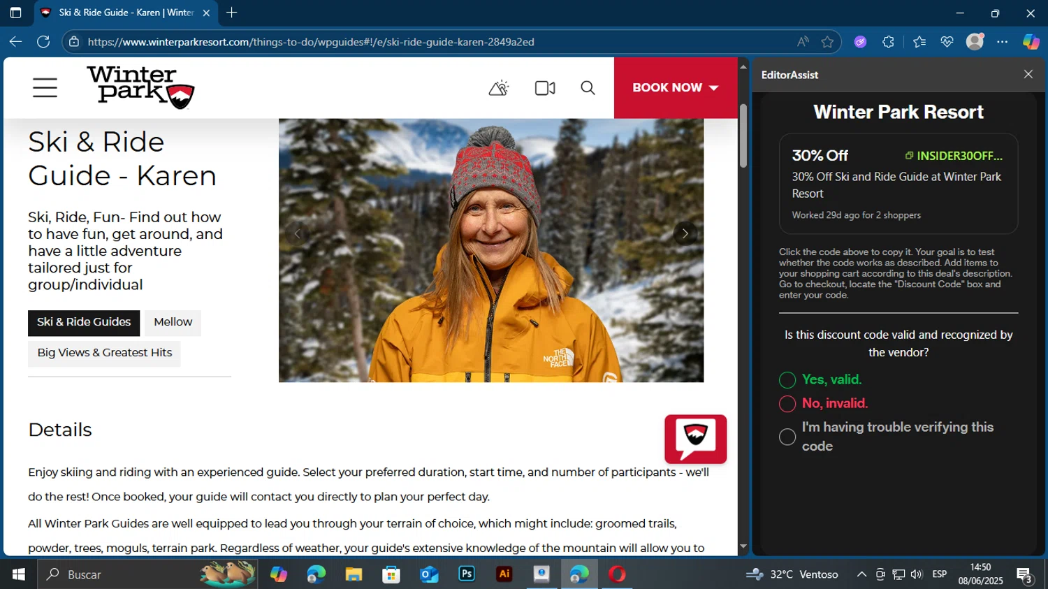 Winter Park Resort promo code screenshot showing code Insider30off25 applied at Winter Park Resort checkout page. Uploaded by SimplyCodes community member TuAmigoRed on Jun 8, 2025