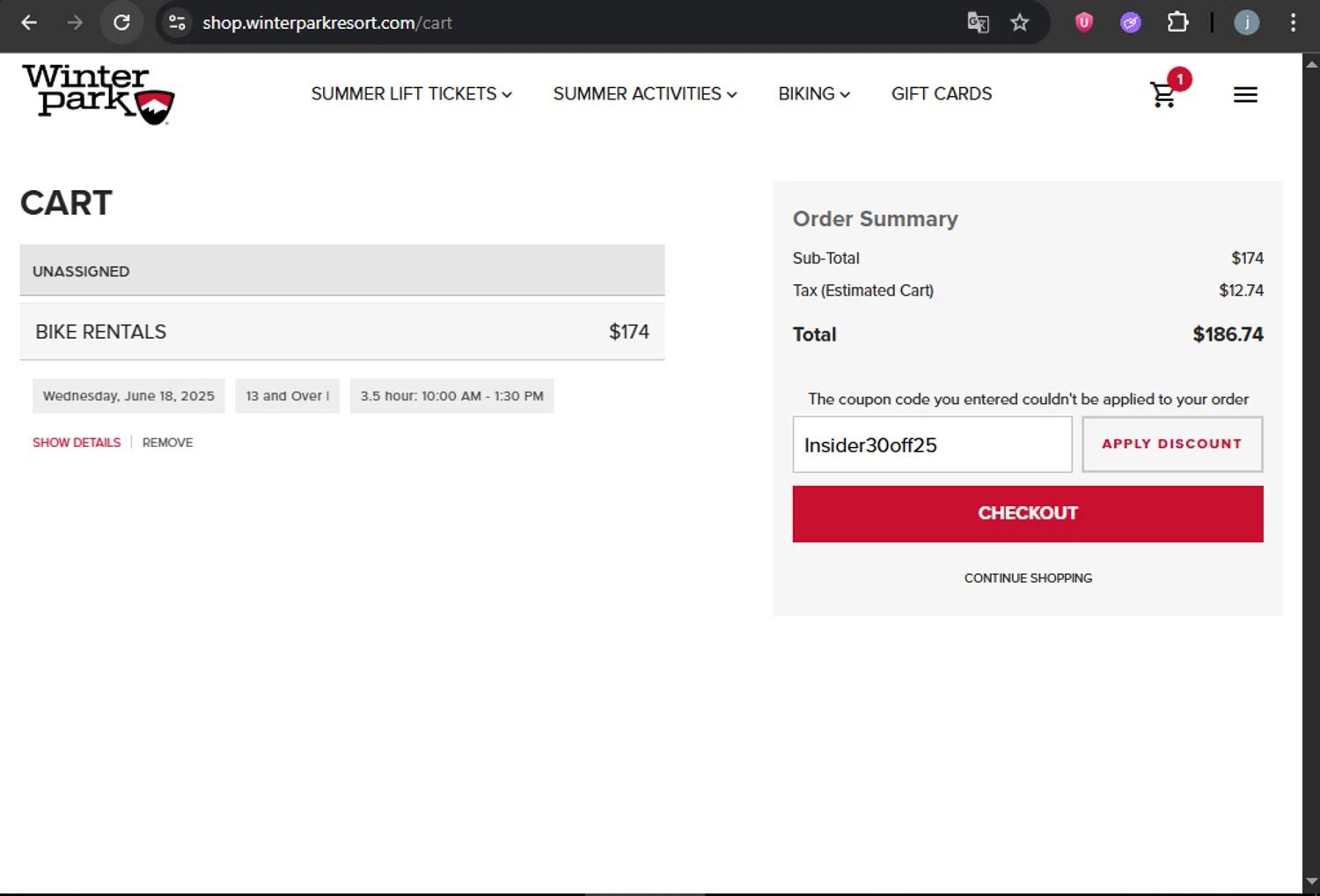 Winter Park Resort promo code screenshot showing code Insider30off25 applied at Winter Park Resort checkout page. Uploaded by SimplyCodes community member VictoriousCurator5776 on Jun 8, 2025