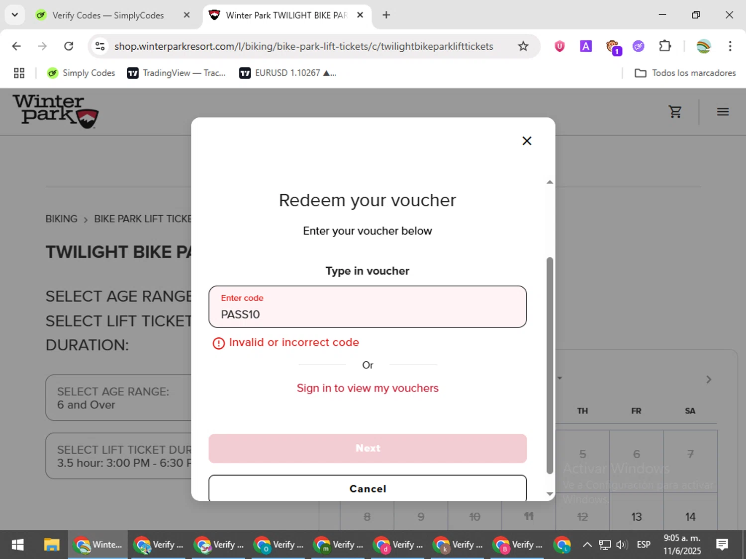 Winter Park Resort promo code screenshot showing code PASS10 applied at Winter Park Resort checkout page. Uploaded by SimplyCodes community member CoinMaven5220 on Jun 11, 2025