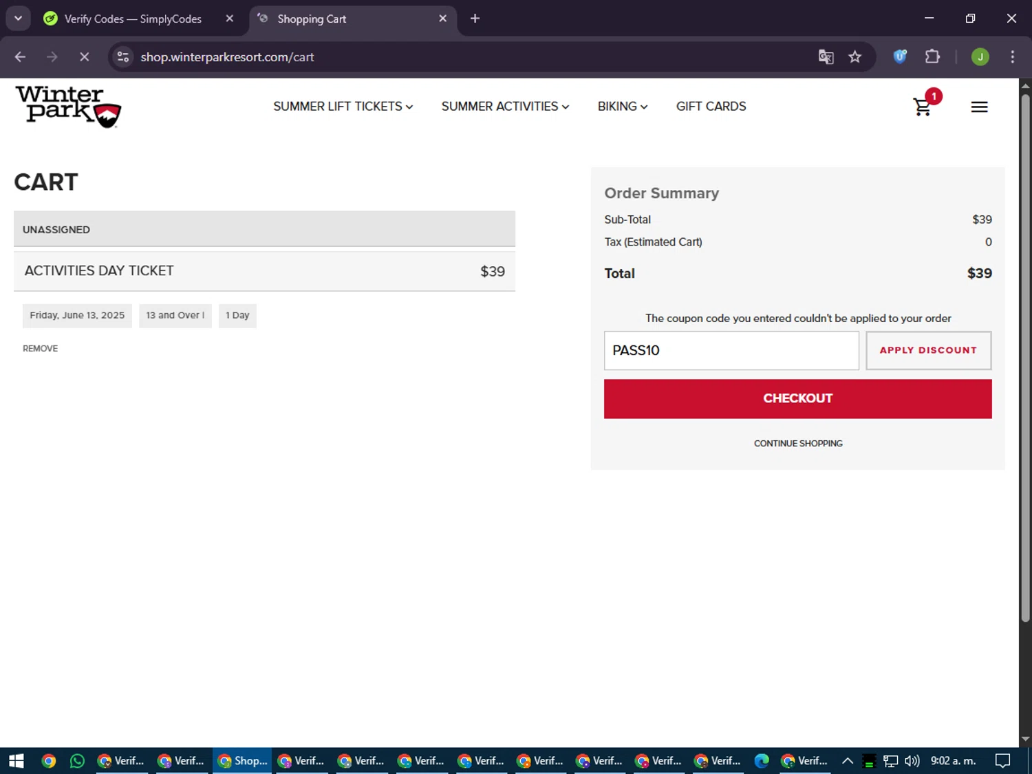 Winter Park Resort promo code screenshot showing code PASS10 applied at Winter Park Resort checkout page. Uploaded by SimplyCodes community member LilBaby on Jun 11, 2025