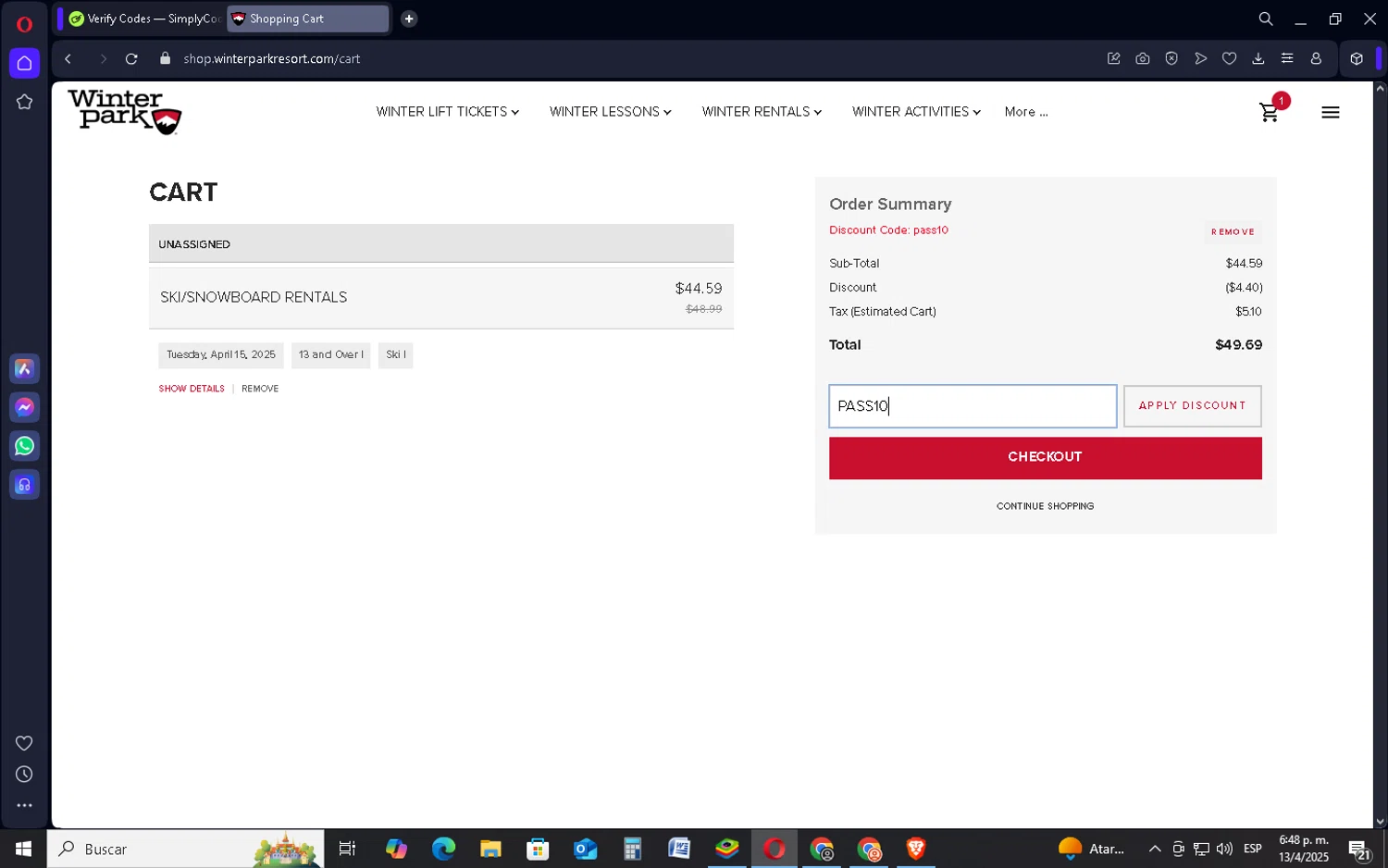 Winter Park Resort checkout page showing Winter Park Resort promo code box | Screenshot taken by SimplyCodes community member on Apr 13, 2025