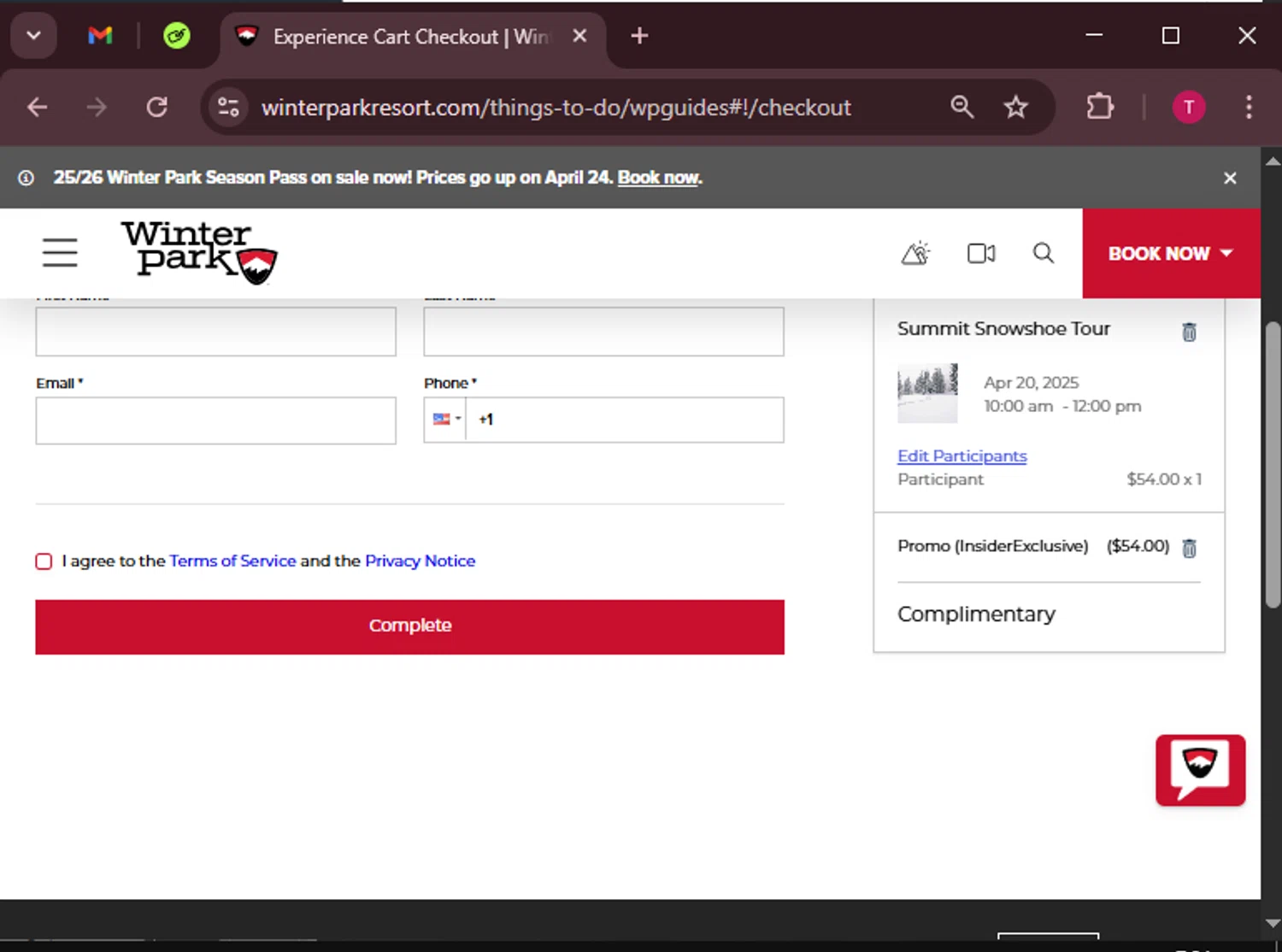 Winter Park Resort checkout page showing Winter Park Resort promo code box | Screenshot taken by SimplyCodes community member on Apr 13, 2025