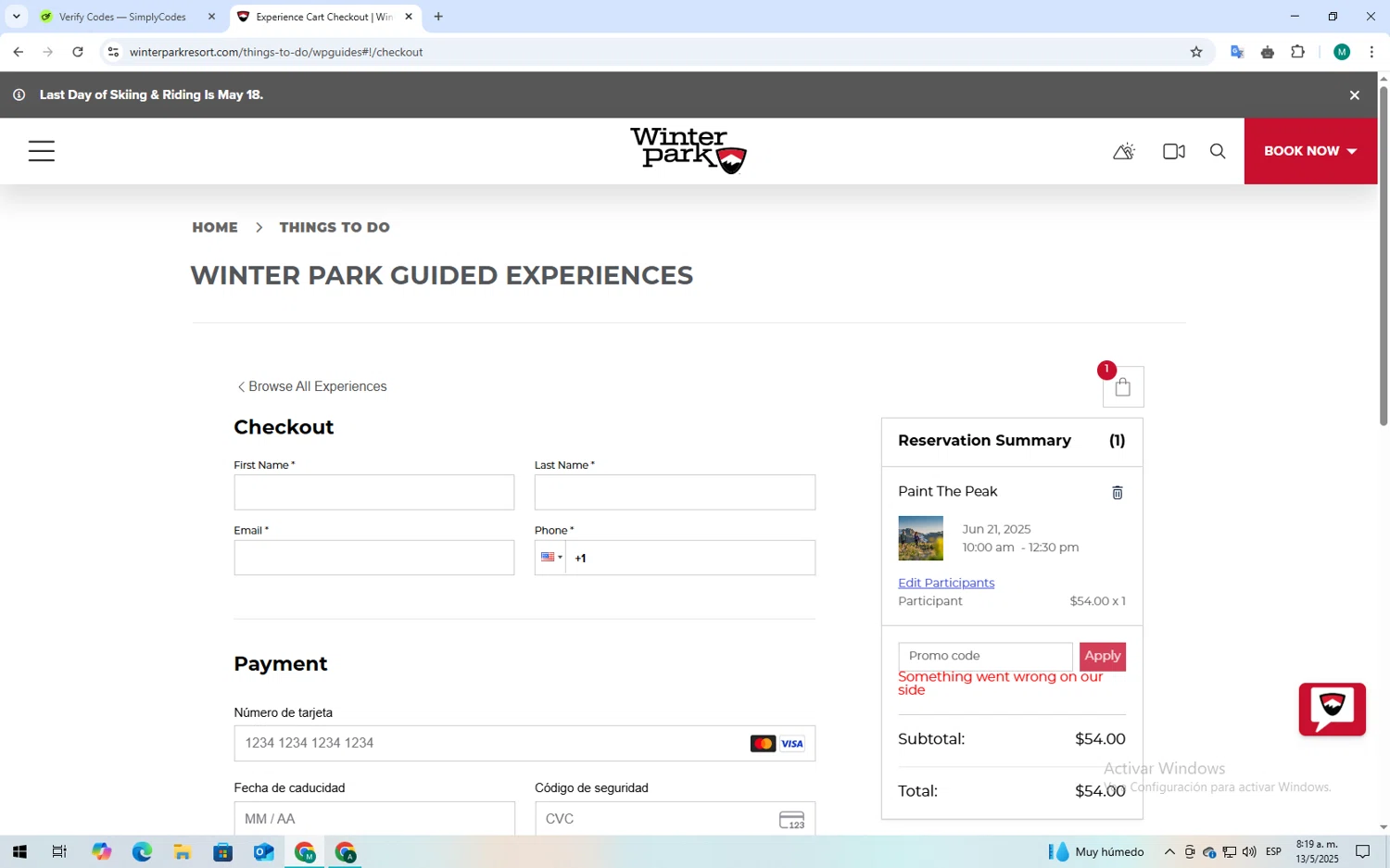 Winter Park Resort promo code screenshot showing code InsiderExclusive applied at Winter Park Resort checkout page. Uploaded by SimplyCodes community member mariaauxiliadorahen on May 13, 2025