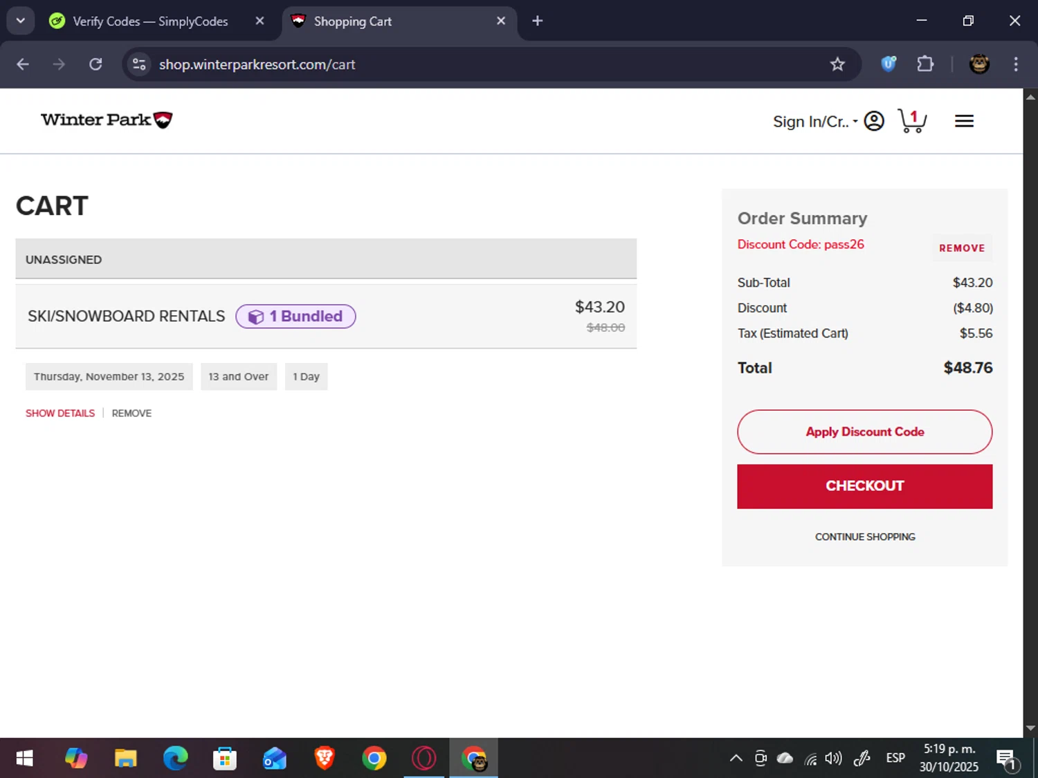 Winter Park Resort promo code screenshot showing code PASS26 applied at Winter Park Resort checkout page. Uploaded by SimplyCodes community member abrahanv on Oct 30, 2025