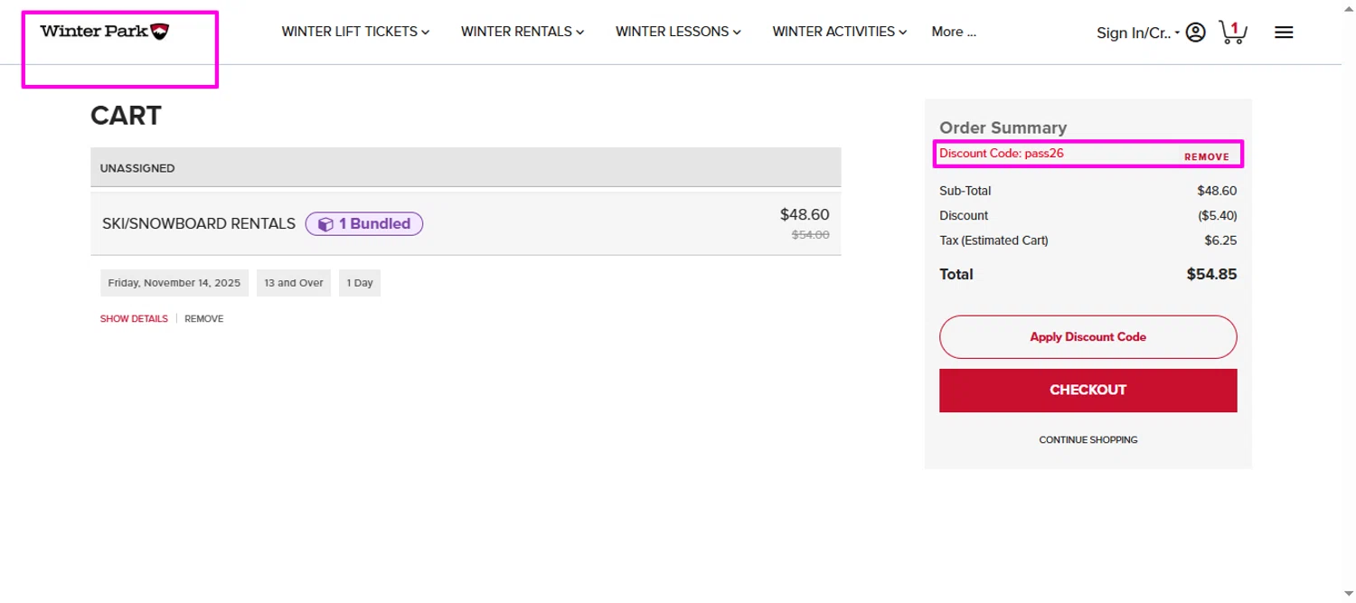 Winter Park Resort promo code screenshot showing code PASS26 applied at Winter Park Resort checkout page. Uploaded by SimplyCodes community member mrdarcy on Oct 30, 2025
