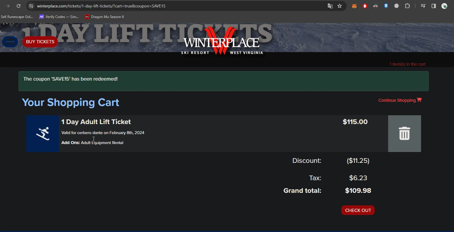 Winterplace Ski Resort checkout page showing Winterplace Ski Resort coupon code box | Screenshot taken by SimplyCodes community member on Feb 1, 2024