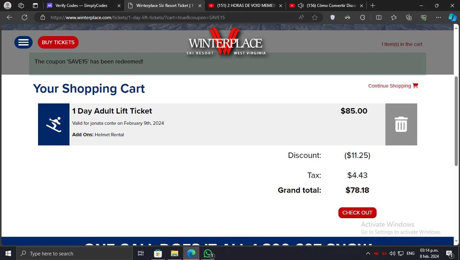Winterplace Ski Resort checkout page showing Winterplace Ski Resort coupon code box | Screenshot taken by SimplyCodes community member on Feb 8, 2024