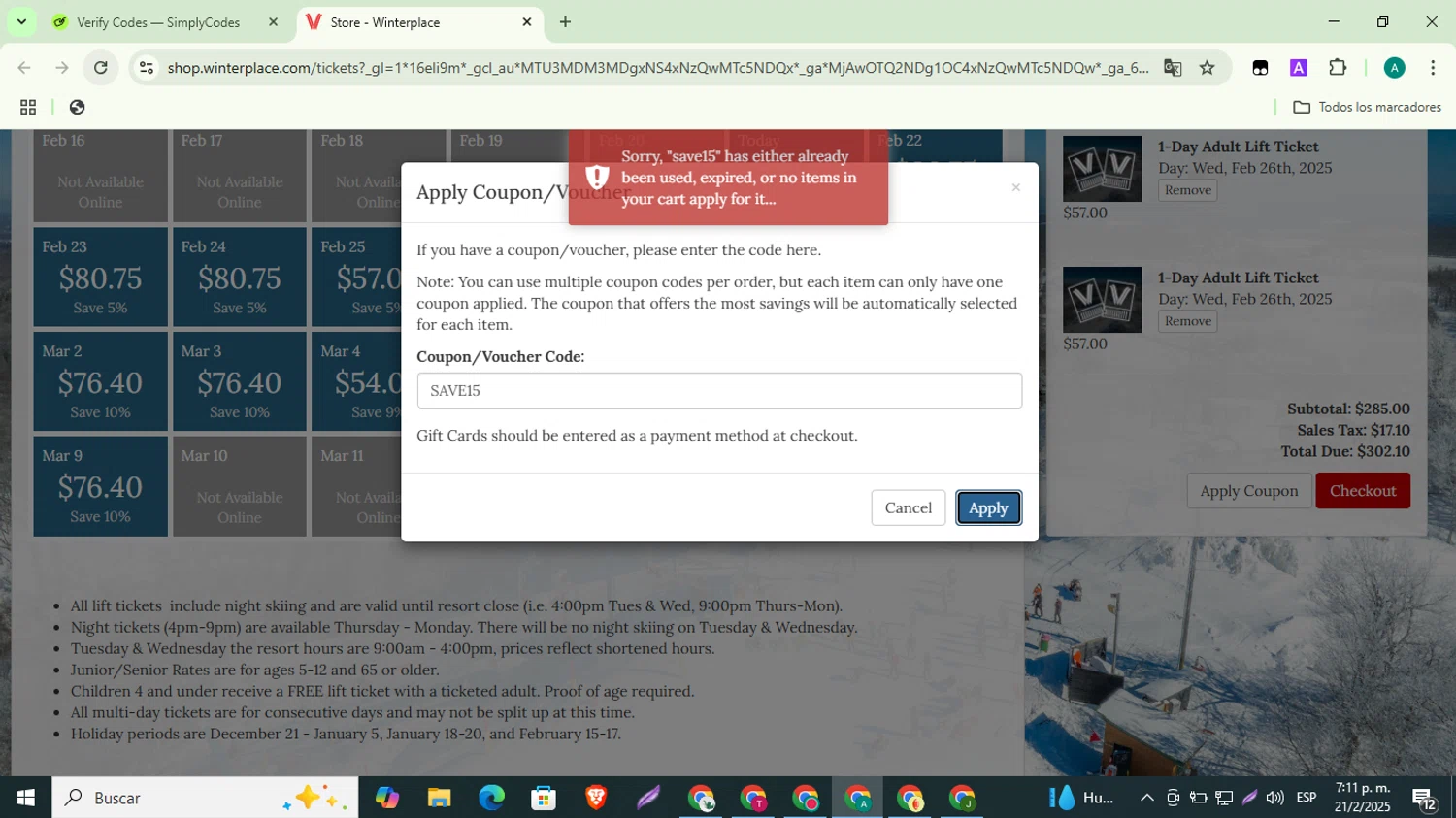 Winterplace Ski Resort coupon code screenshot showing code SAVE15 applied at Winterplace Ski Resort checkout page. Uploaded by SimplyCodes community member ThriftyMaverick3223 on Feb 21, 2025