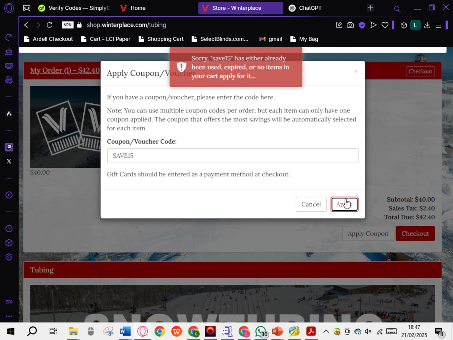 Winterplace Ski Resort coupon code screenshot showing code SAVE15 applied at Winterplace Ski Resort checkout page. Uploaded by SimplyCodes community member DiscountTiger7720 on Feb 21, 2025