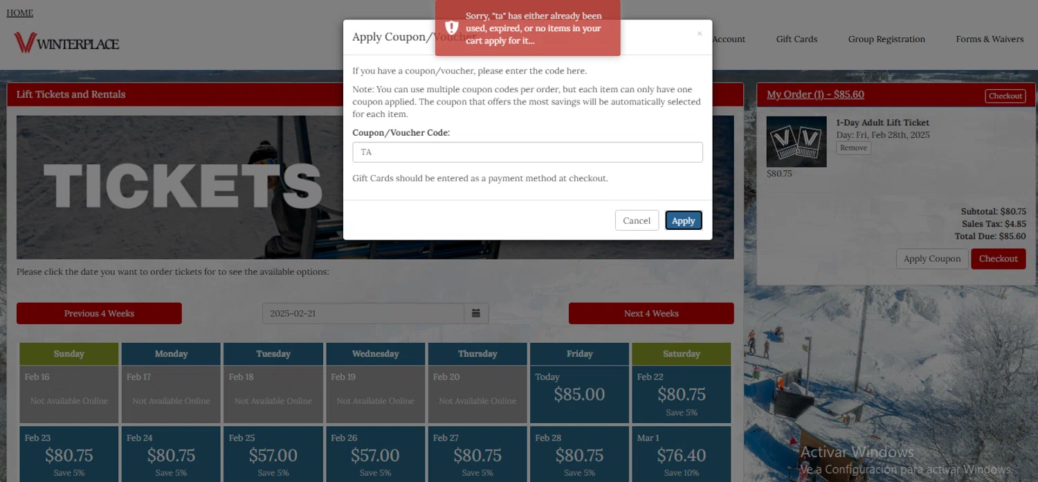 Winterplace Ski Resort coupon code screenshot showing code TA applied at Winterplace Ski Resort checkout page. Uploaded by SimplyCodes community member Adielbarbera on Feb 22, 2025