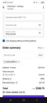 WELCOME15 coupon verification screenshot