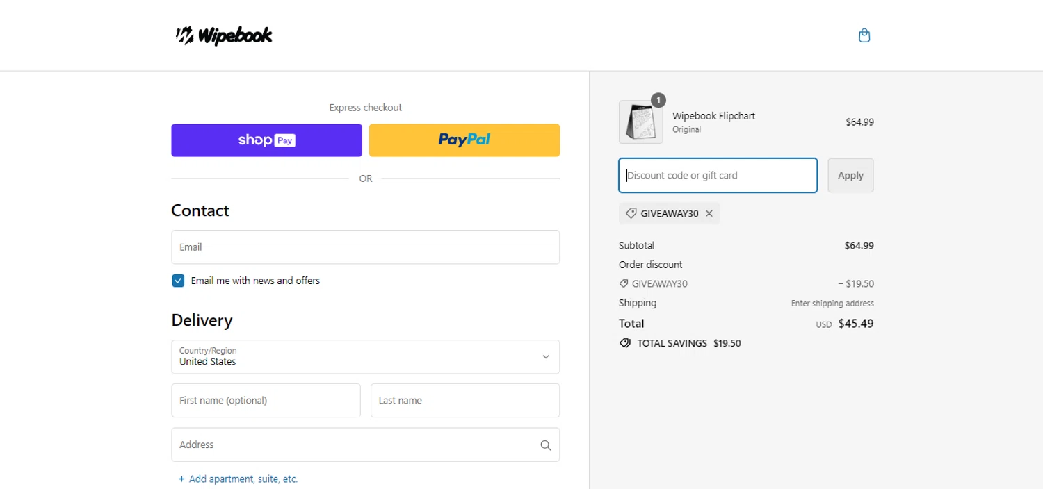 where to use Wipebook promo code box