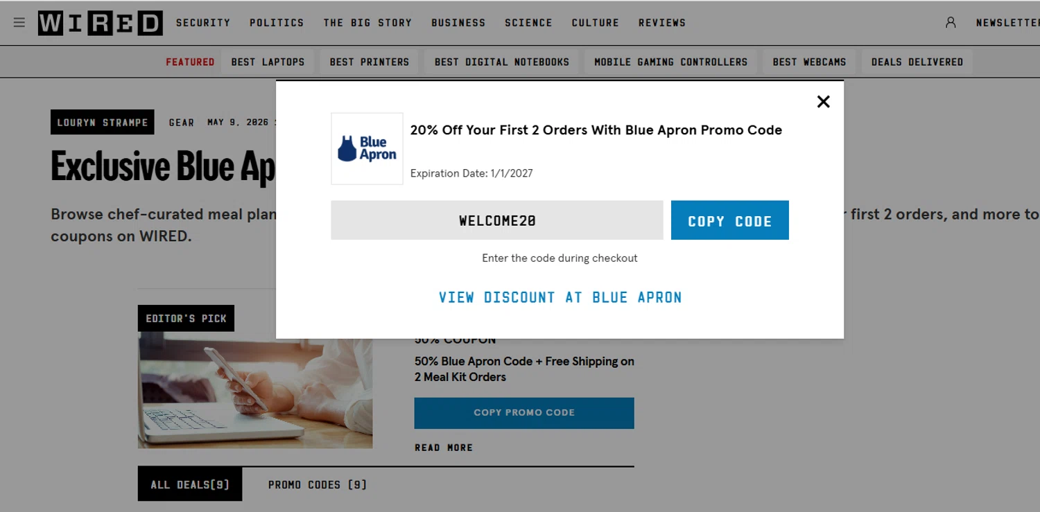 WIRED promo code screenshot showing code WELCOME20 applied at WIRED checkout page. Uploaded by SimplyCodes community member Mileidy on May 18, 2026