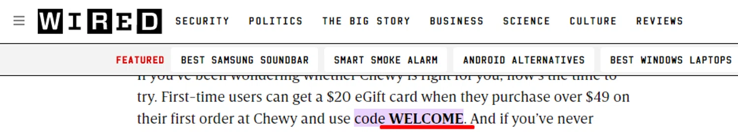 WIRED promo code screenshot showing code WELCOME applied at WIRED checkout page. Uploaded by SimplyCodes community member RonaldAcunaJr on Feb 20, 2026