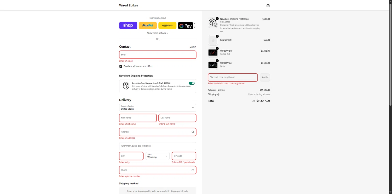 Wired Ebikes discount code screenshot showing code MOM applied at Wired Ebikes checkout page. Uploaded by SimplyCodes community member MagnificentEagle1411 on Feb 9, 2026