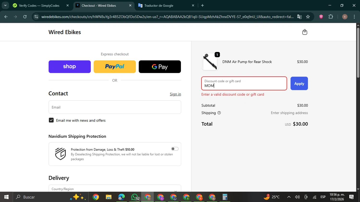 Wired Ebikes discount code screenshot showing code MOM applied at Wired Ebikes checkout page. Uploaded by SimplyCodes community member NobleExpert6497 on Feb 18, 2026