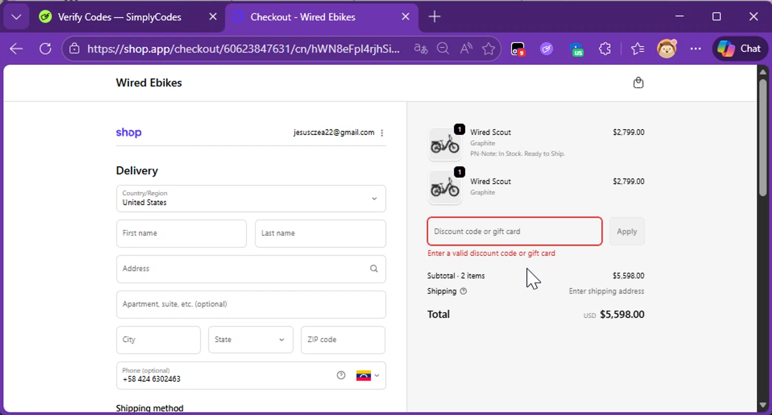 Wired Ebikes discount code screenshot showing code MOM applied at Wired Ebikes checkout page. Uploaded by SimplyCodes community member Raibelys_18 on Feb 11, 2026