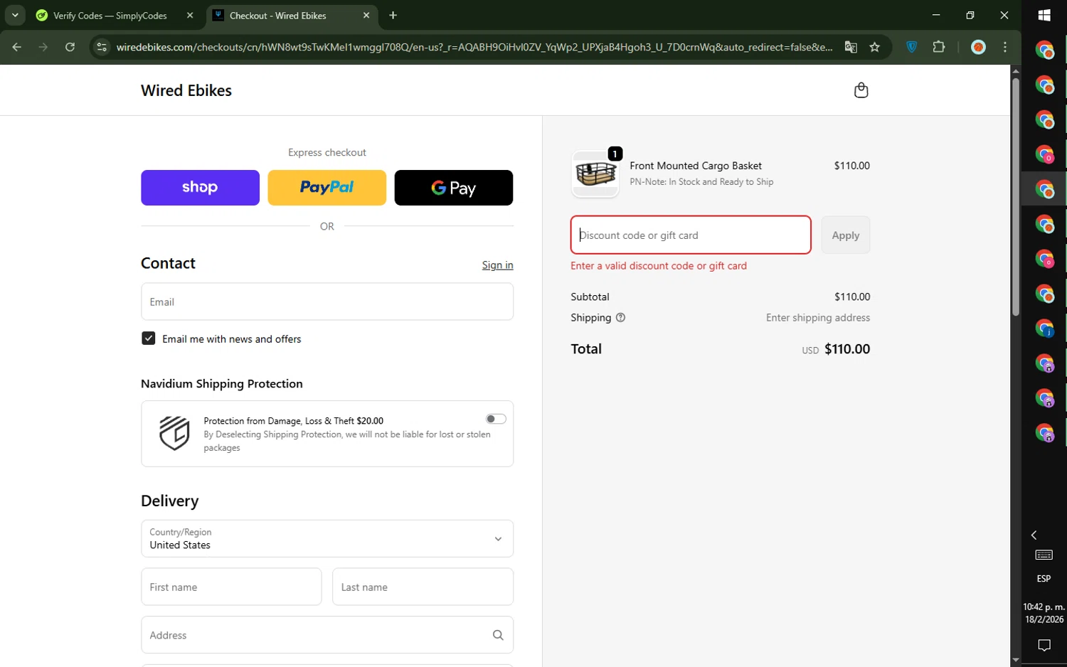 Wired Ebikes discount code screenshot showing code NEW15 applied at Wired Ebikes checkout page. Uploaded by SimplyCodes community member DealTiger9869 on Feb 19, 2026