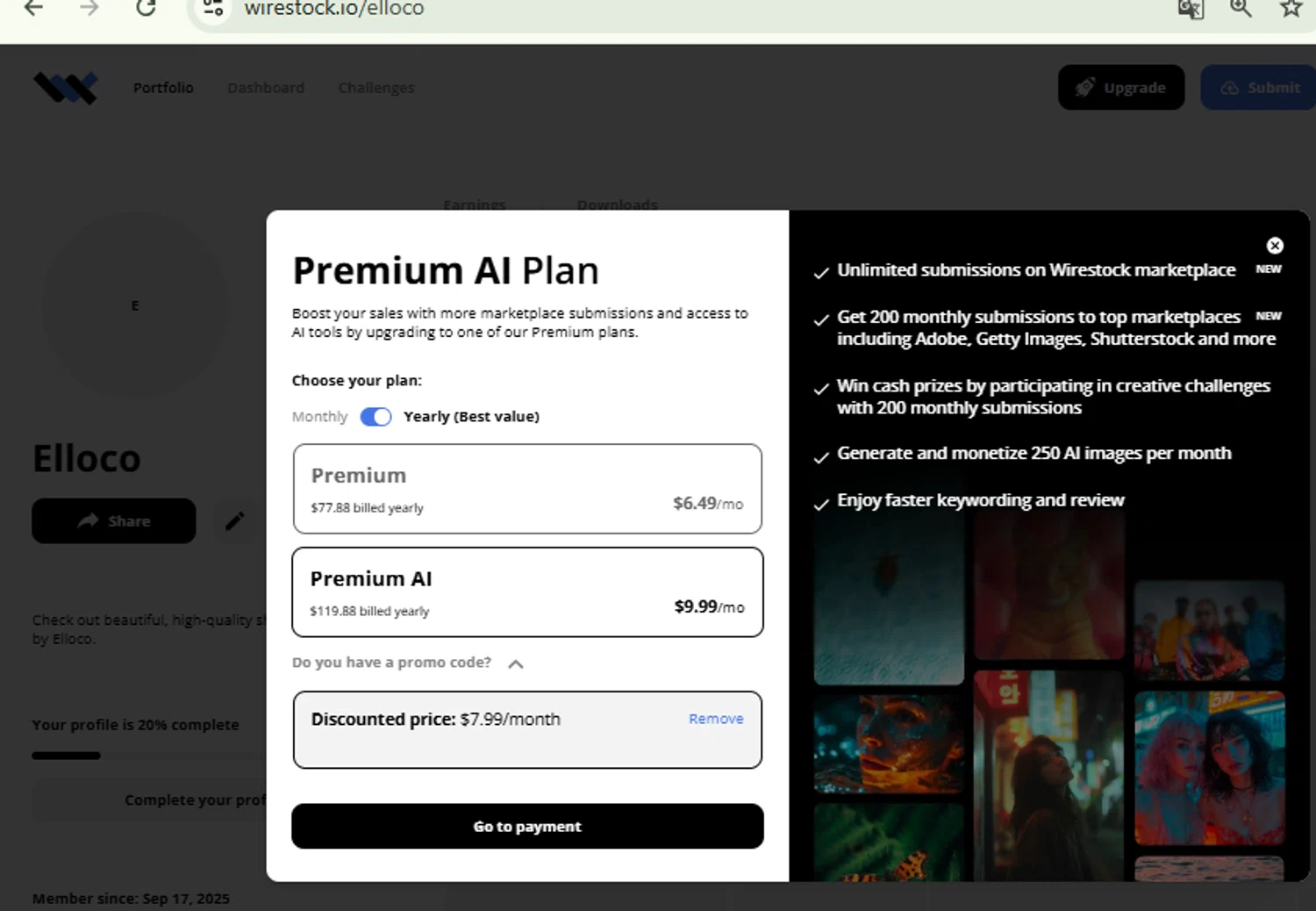 Wirestock checkout page showing Wirestock promo code box | Screenshot taken by SimplyCodes community member on Sep 17, 2025