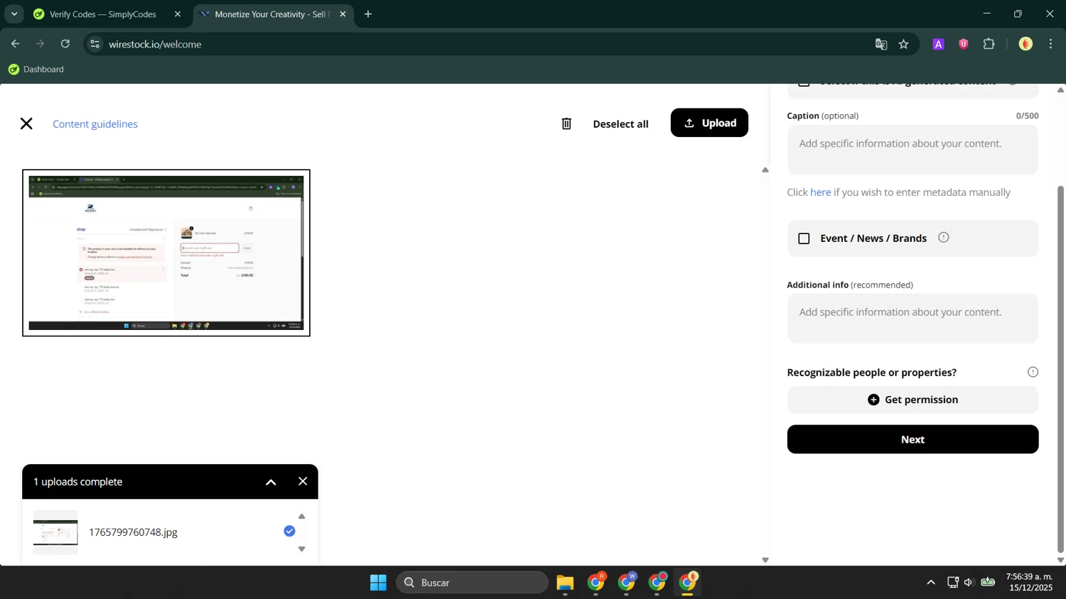 Wirestock promo code screenshot showing code VICTOR20 applied at Wirestock checkout page. Uploaded by SimplyCodes community member LuckyShopper9694 on Dec 15, 2025