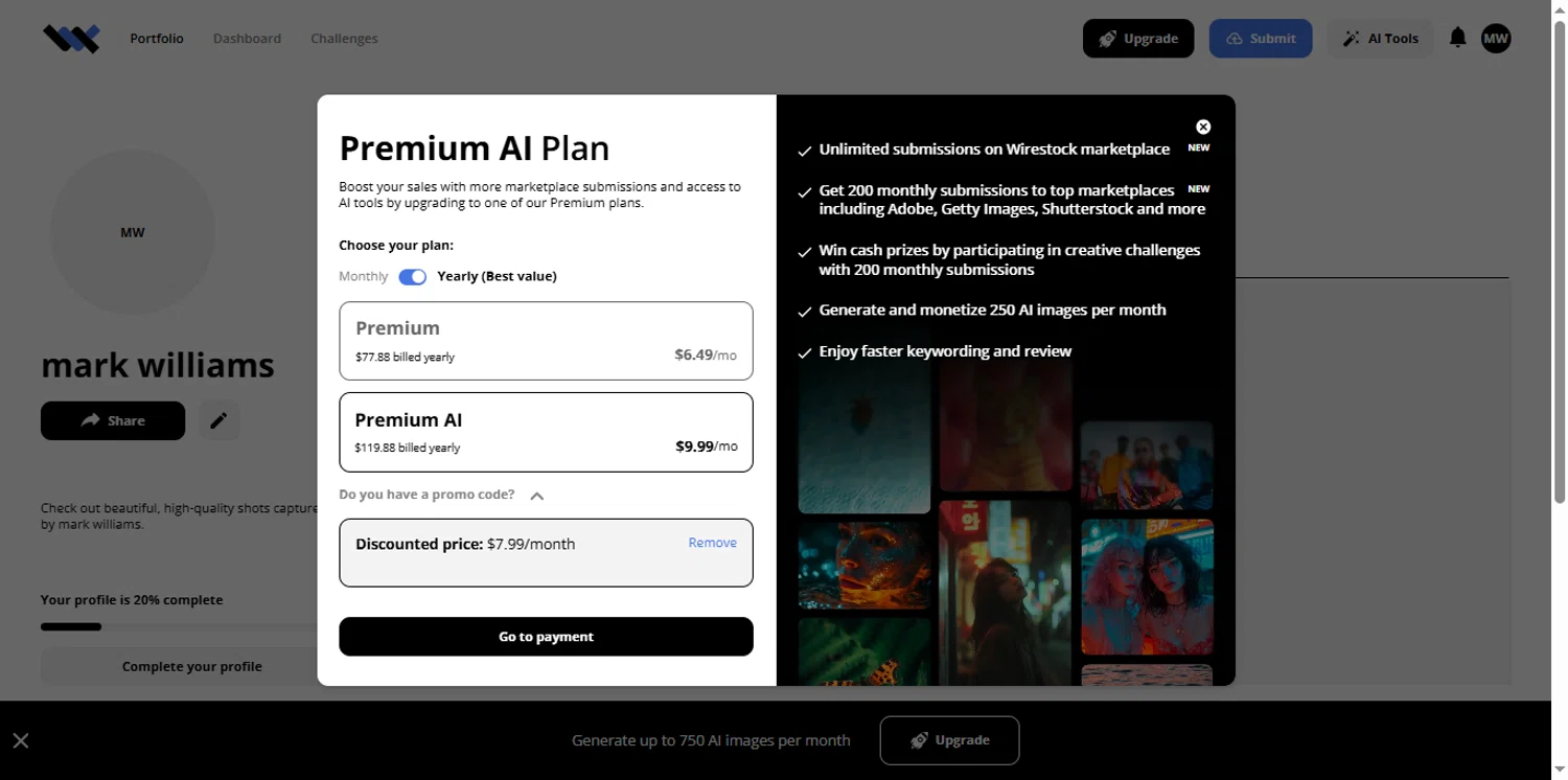 Wirestock promo code screenshot showing code MATT20 applied at Wirestock checkout page. Uploaded by SimplyCodes community member renegul on Nov 4, 2025