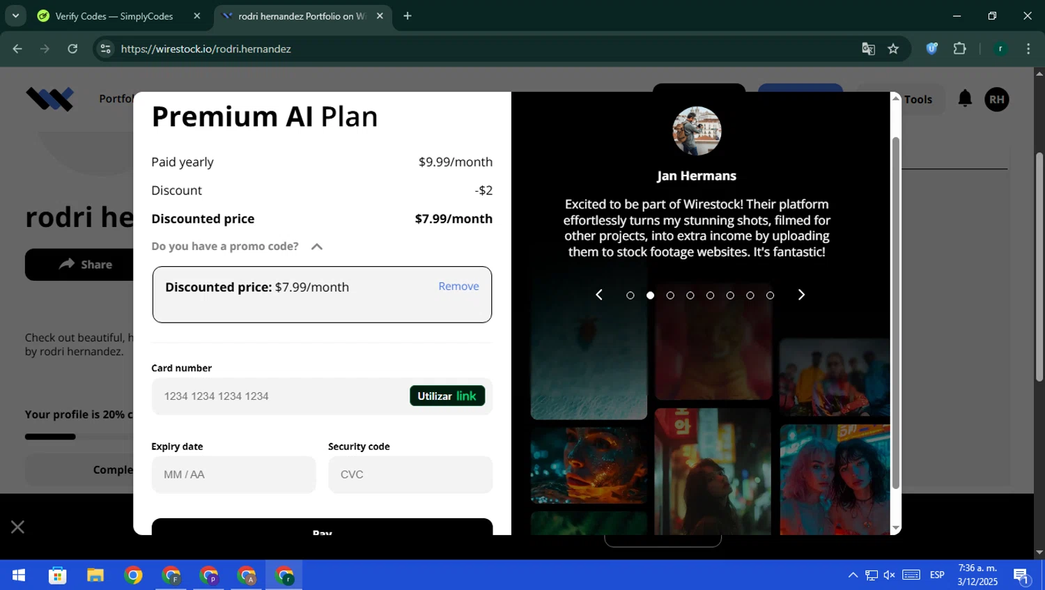 Wirestock promo code screenshot showing code MATT20 applied at Wirestock checkout page. Uploaded by SimplyCodes community member rodri1 on Dec 3, 2025