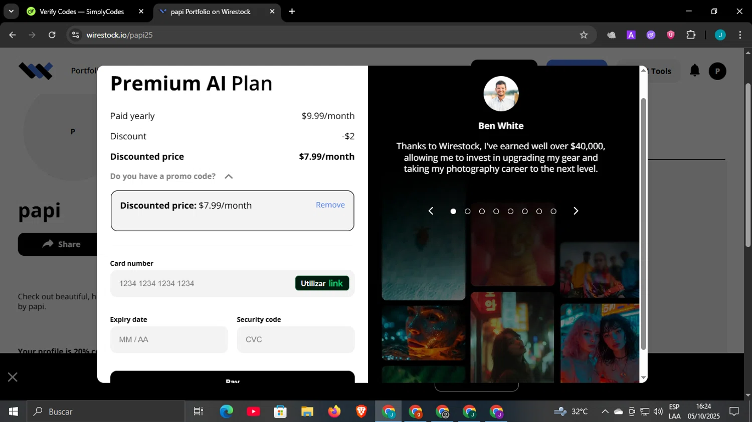 Wirestock checkout page showing Wirestock promo code box | Screenshot taken by SimplyCodes community member on Oct 5, 2025
