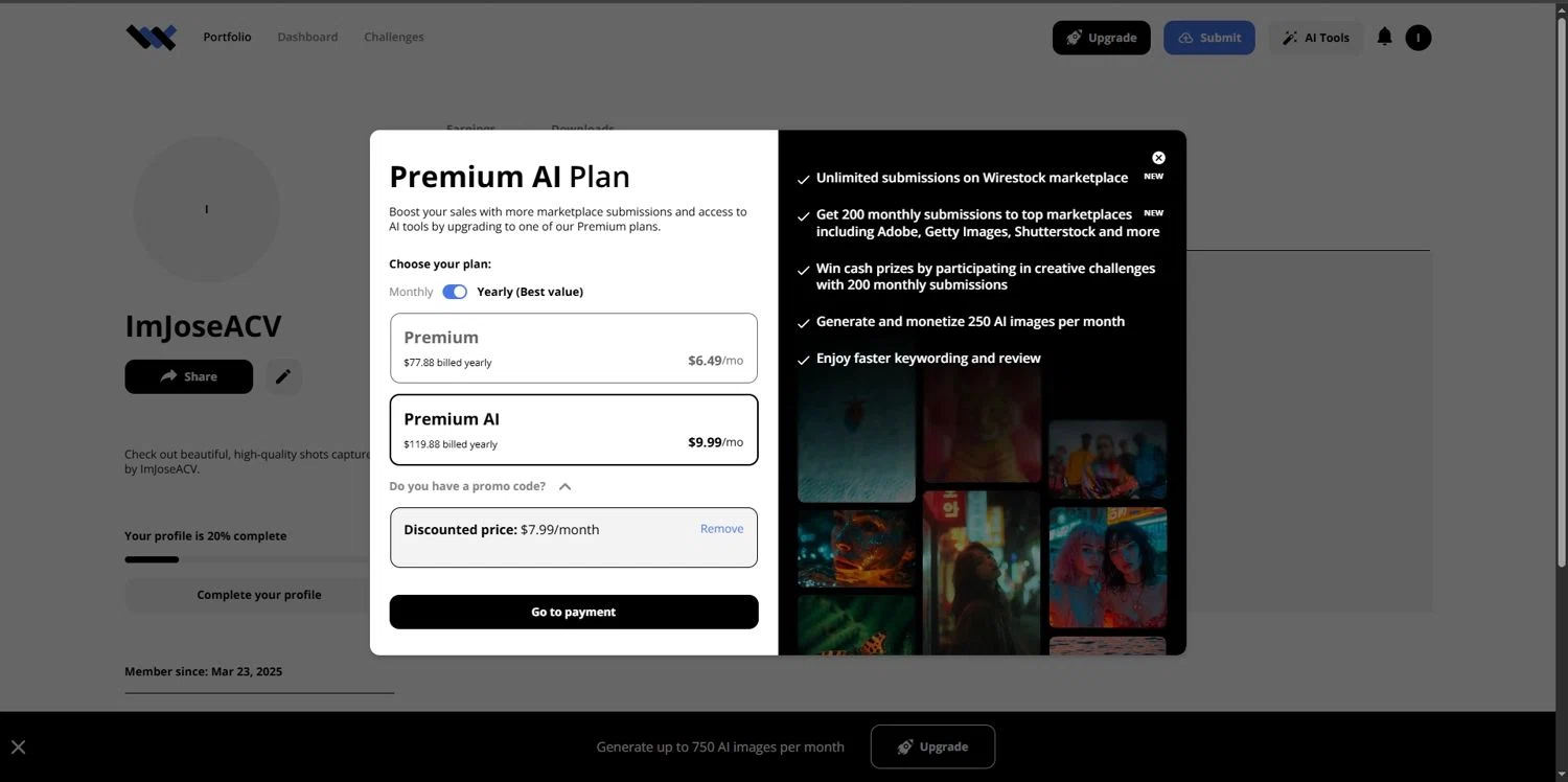 Wirestock promo code screenshot showing code MAKING20 applied at Wirestock checkout page. Uploaded by SimplyCodes community member Depressive on Dec 19, 2025